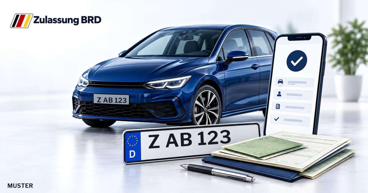 Online Fahrzeugzulassung in Lichtenstein/Sa.: Musterkennzeichen Z AB 123, Auto und Fahrzeugpapiere und Smartphone. Illustration mit Logo von Zulassung BRD.